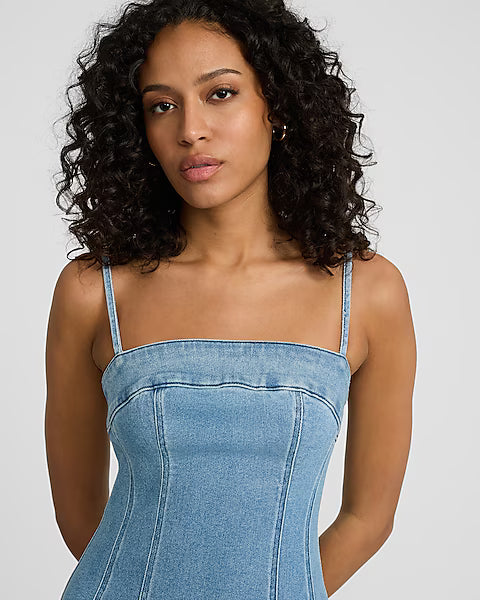 Medium Wash Square Neck Midi Denim Fit and Flare Dress