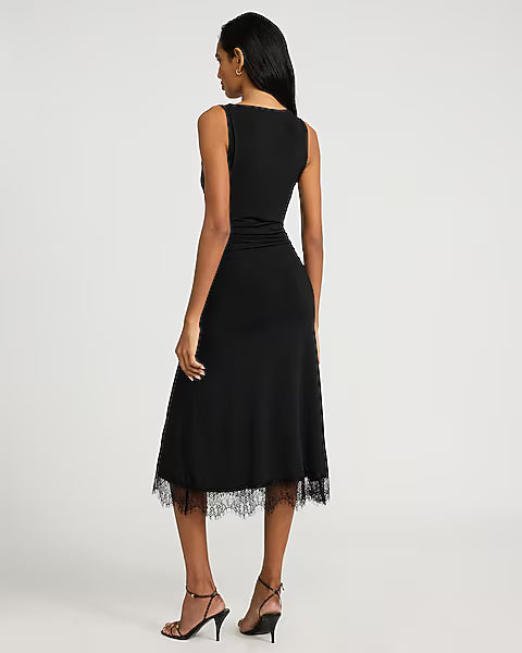 Boat Neck Sleeveless Lace Hem Ruched Midi Dress