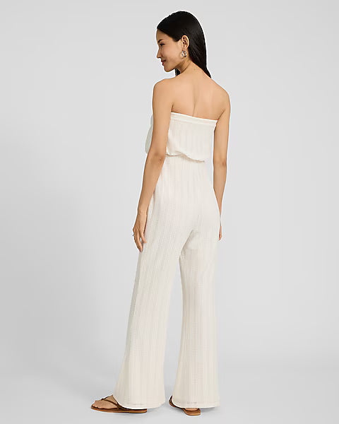 Textured Strapless Flare Leg Jumpsuit