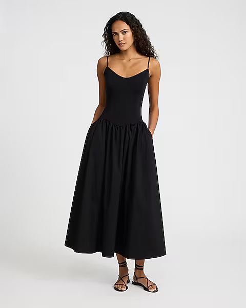 Mixed Media V-Neck Sleeveless Drop Waist Midi Dress