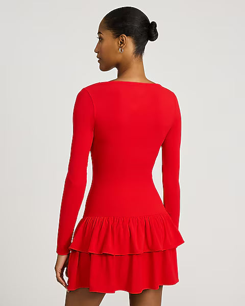 Boat Neck Long Sleeve Drop Waist Ruffle Mini Dress