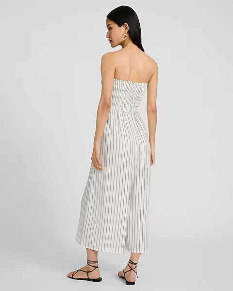 Striped Strapless Smocked Wide Leg Ankle Jumpsuit