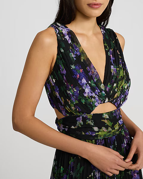 Floral Pleated V-Neck Sleeveless Cutout Maxi Dress