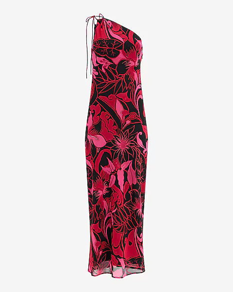 Chiffon Printed Tie One Shoulder Maxi Dress
