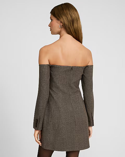 Houndstooth Off The Shoulder Mini Blazer Dress