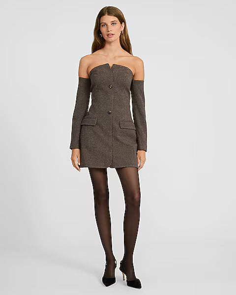Houndstooth Off The Shoulder Mini Blazer Dress