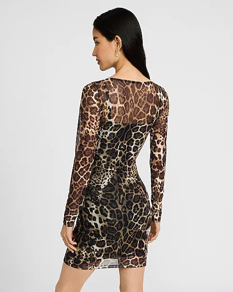 Leopard Mesh Boat Neck Long Sleeve Mini Dress