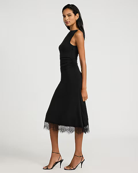 Boat Neck Sleeveless Lace Hem Ruched Midi Dress