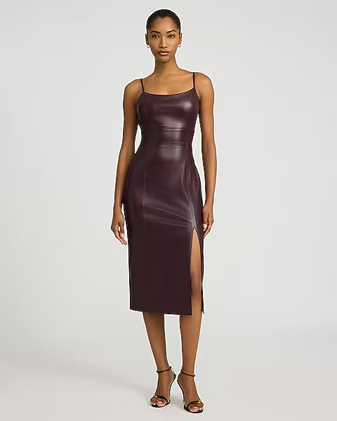 Faux Leather Scoop Neck Seamed Midi Sheath Dress