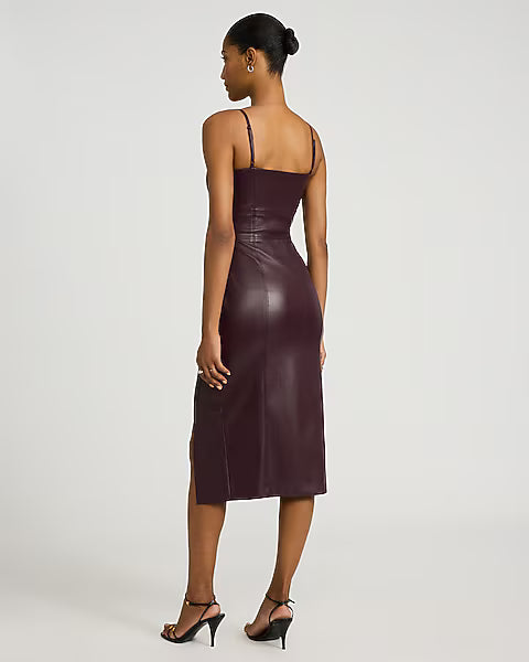 Faux Leather Scoop Neck Seamed Midi Sheath Dress