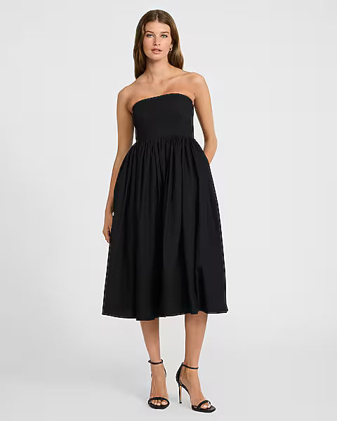 Poplin Strapless Fit and Flare Midi Dress