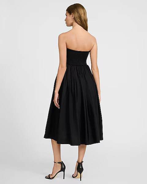 Poplin Strapless Fit and Flare Midi Dress
