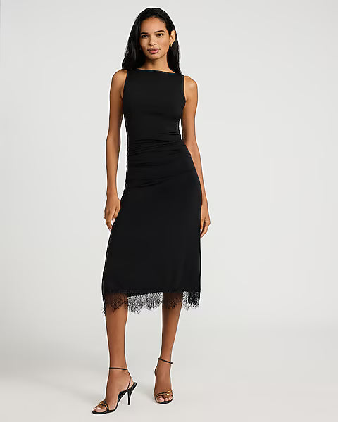 Boat Neck Sleeveless Lace Hem Ruched Midi Dress