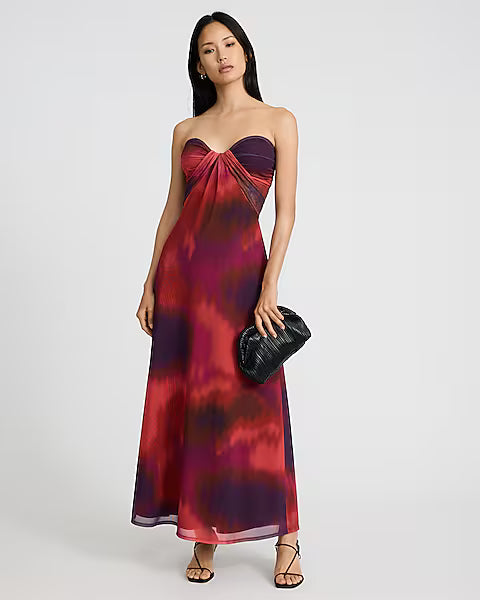Mesh Printed Strapless Sweetheart Maxi Dress