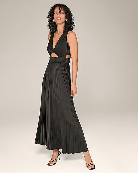 Satin Pleated V-Neck Sleeveless Cutout Maxi Dress