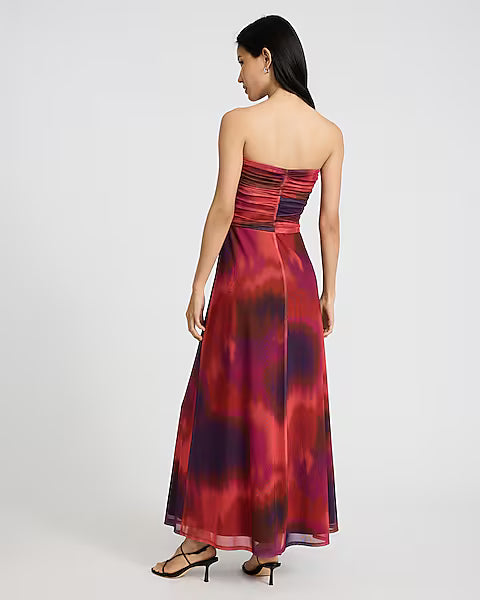 Mesh Printed Strapless Sweetheart Maxi Dress