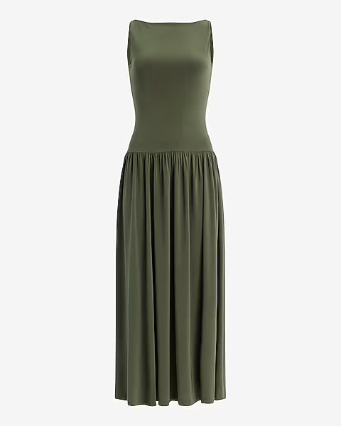 Boat Neck Sleeveless Drop Waist Maxi Dress