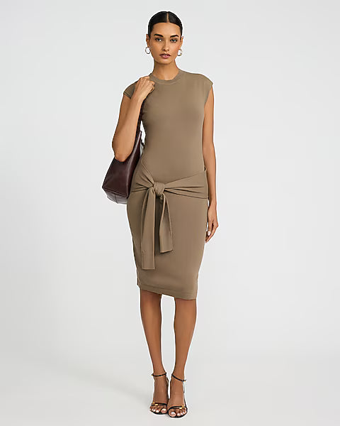 Crew Neck Short Sleeve Belted Midi Sweater Dress