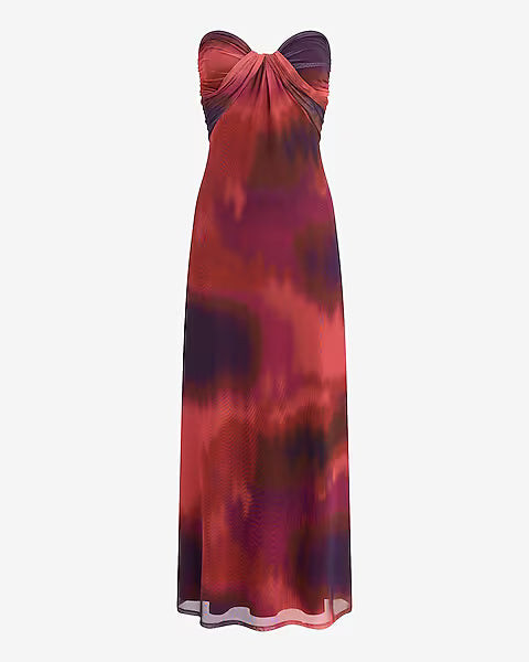 Mesh Printed Strapless Sweetheart Maxi Dress