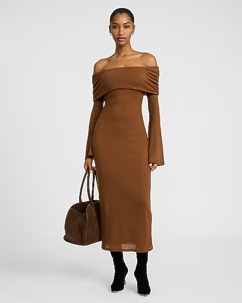 Ribbed Off The Shoulder Long Sleeve Maxi Sweater Dress