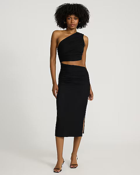 Mesh One Shoulder Ruched Cutout Midi Sheath Dress
