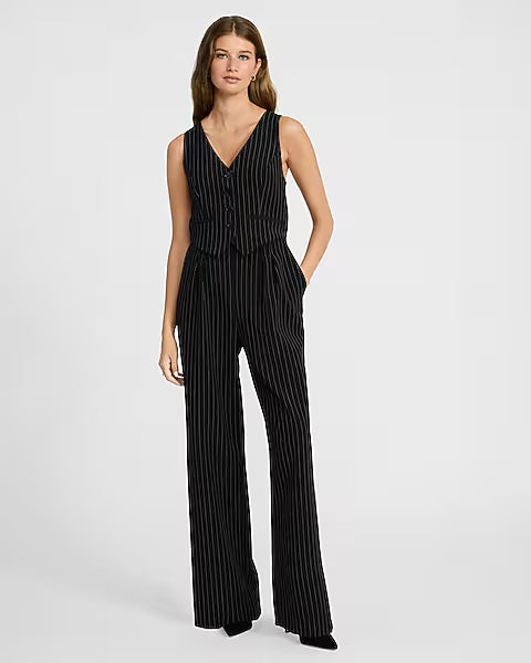Pinstripe Tailored Vest Wide Leg Jumpsuit