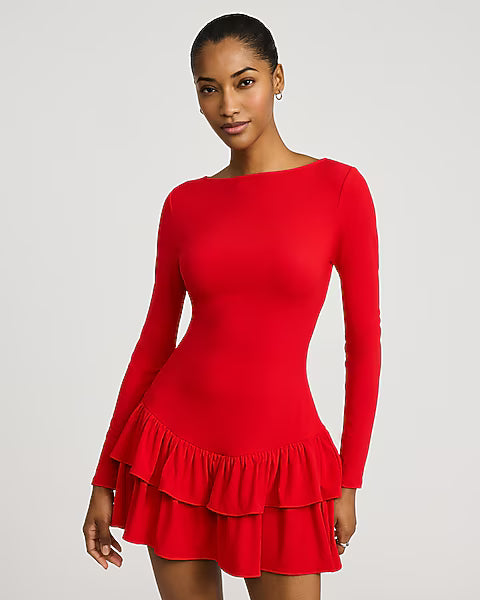 Boat Neck Long Sleeve Drop Waist Ruffle Mini Dress