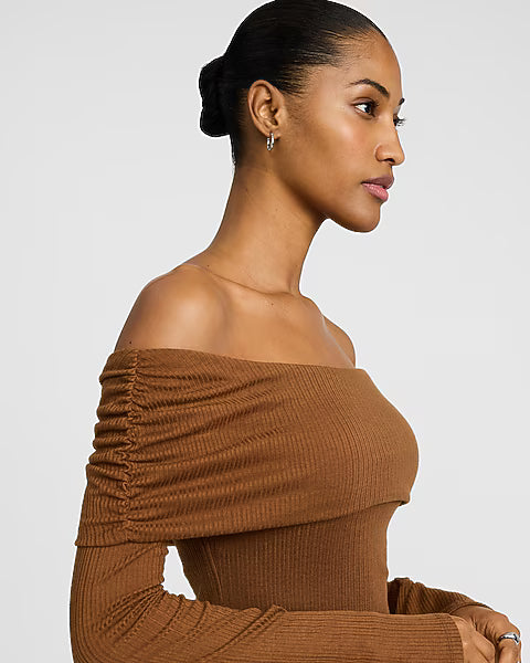 Ribbed Off The Shoulder Long Sleeve Maxi Sweater Dress