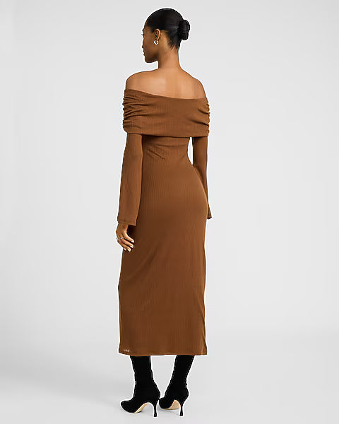 Ribbed Off The Shoulder Long Sleeve Maxi Sweater Dress