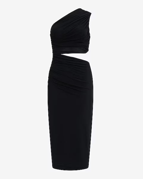 Mesh One Shoulder Ruched Cutout Midi Sheath Dress