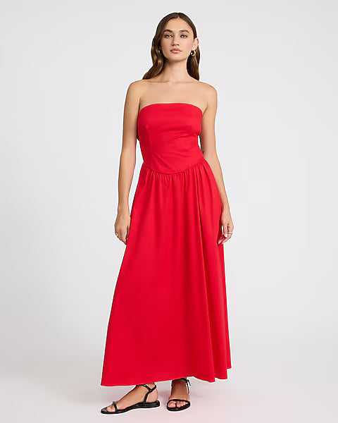 Poplin Strapless Drop Waist Back Cutout Maxi Dress