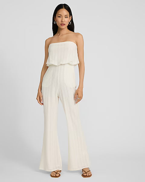 Textured Strapless Flare Leg Jumpsuit