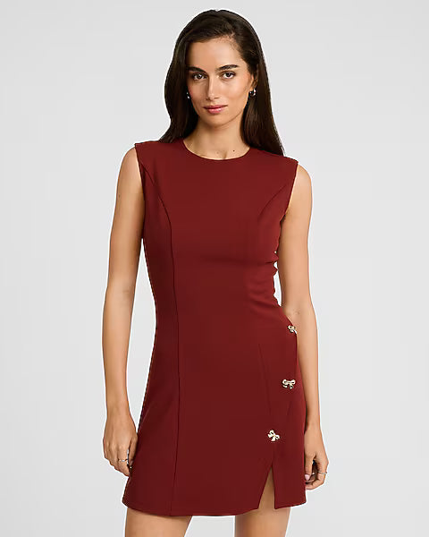 Crepe Crew Neck Bow Button Mini Dress