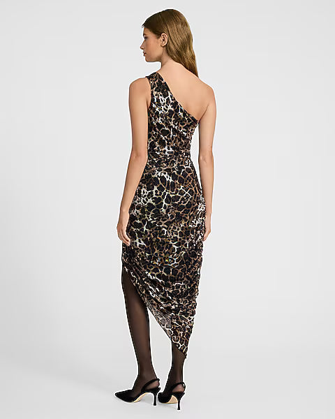 Mesh Leopard One Shoulder Asymmetrical Midi Dress