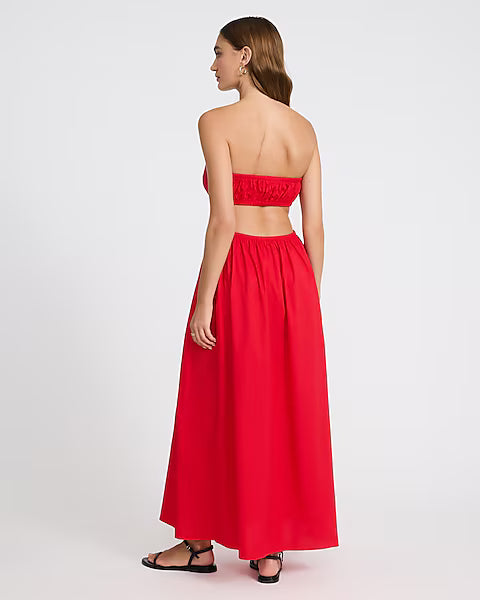 Poplin Strapless Drop Waist Back Cutout Maxi Dress