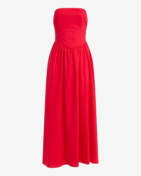 Poplin Strapless Drop Waist Back Cutout Maxi Dress