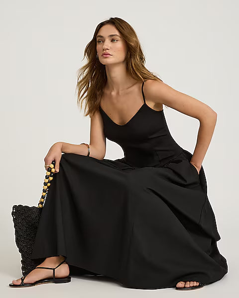 Mixed Media V-Neck Sleeveless Drop Waist Midi Dress