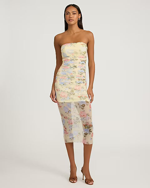 Mesh Floral Strapless Midi Dress