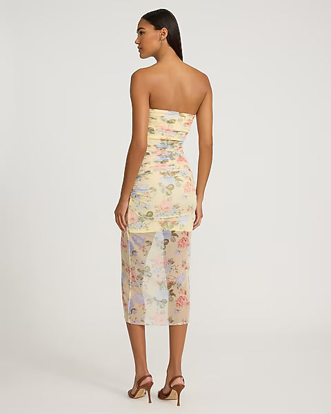 Mesh Floral Strapless Midi Dress
