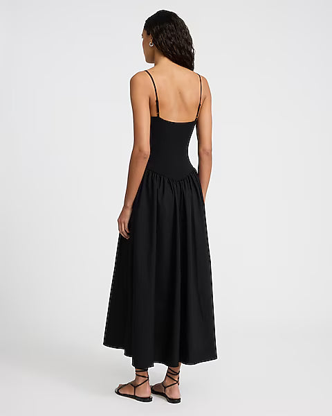 Mixed Media V-Neck Sleeveless Drop Waist Midi Dress