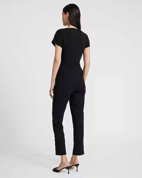 V-Neck Tie Waist Straight Leg Jumpsuit