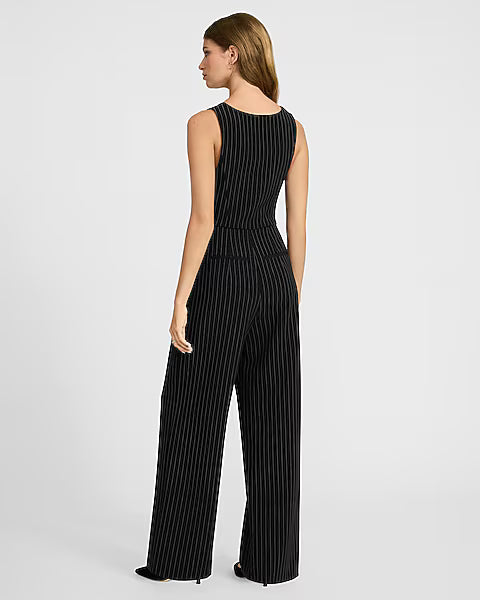 Pinstripe Tailored Vest Wide Leg Jumpsuit