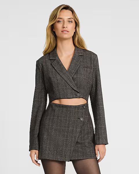 Plaid Long Sleeve Cutout Blazer Romper
