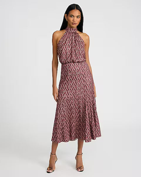 Satin Printed Mock Neck Sleeveless Tie Back Midi Dress