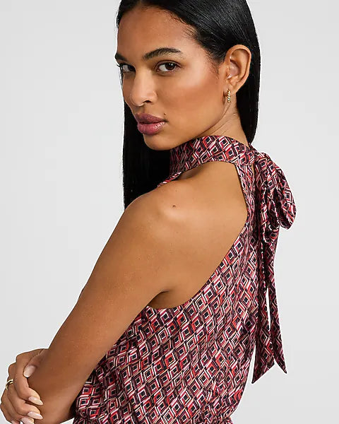 Satin Printed Mock Neck Sleeveless Tie Back Midi Dress