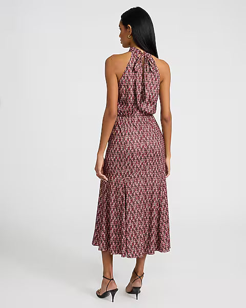 Satin Printed Mock Neck Sleeveless Tie Back Midi Dress