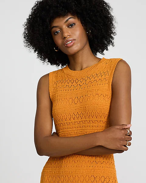 Crochet Crew Neck Sleeveless Midi Sweater Dress