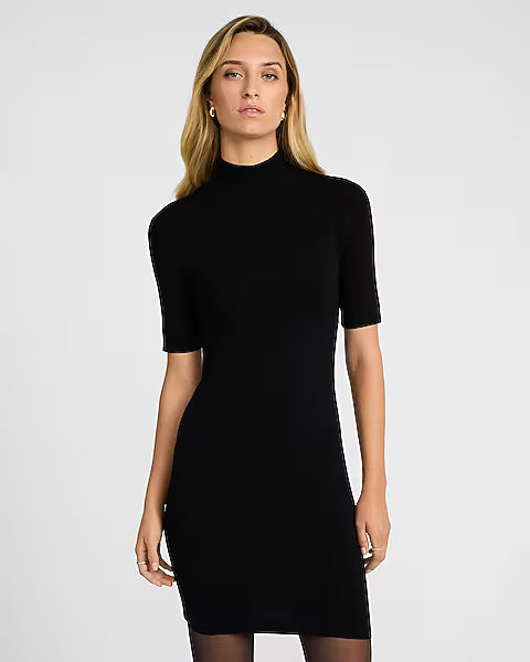 Silky Soft Mock Neck Elbow Sleeve Mini Sweater Dress