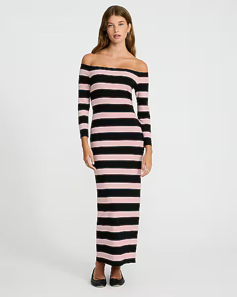 Striped Off The Shoulder Long Sleeve Knit Midi Dress
