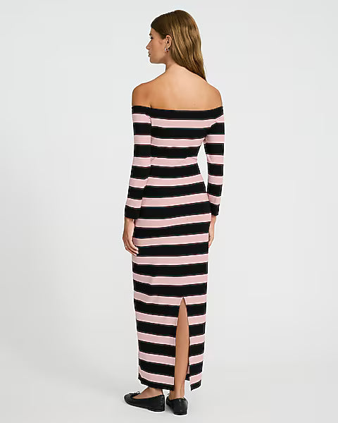 Striped Off The Shoulder Long Sleeve Knit Midi Dress